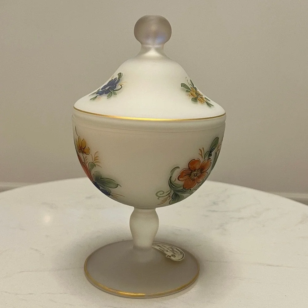 Vtg Italian Frosted Satin Glass Candy Dish‎ Rossini Hand Painted Pedestal Lidded